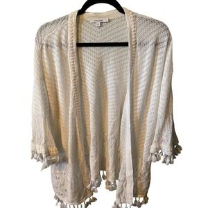 Chicos White Open Knit Kimono Cardigan Sweater Tassel Fringe Boho Women's Sz‎ XL